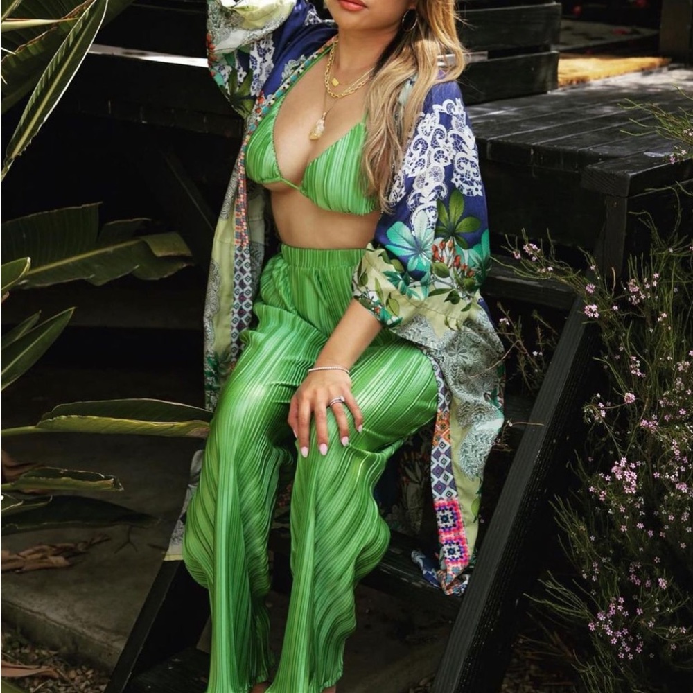 Boho 2 Piece triangle bikini  Top & Pleated Wide Leg Pants Set GREEN - Picture 5 of 5